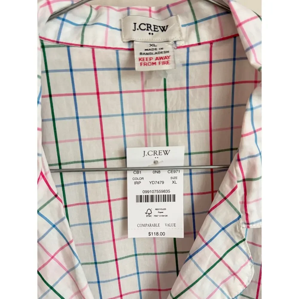 J. Crew Windowpane Cropped Shirt Pajama Top Ivory Resort Pink Multi XS NWT